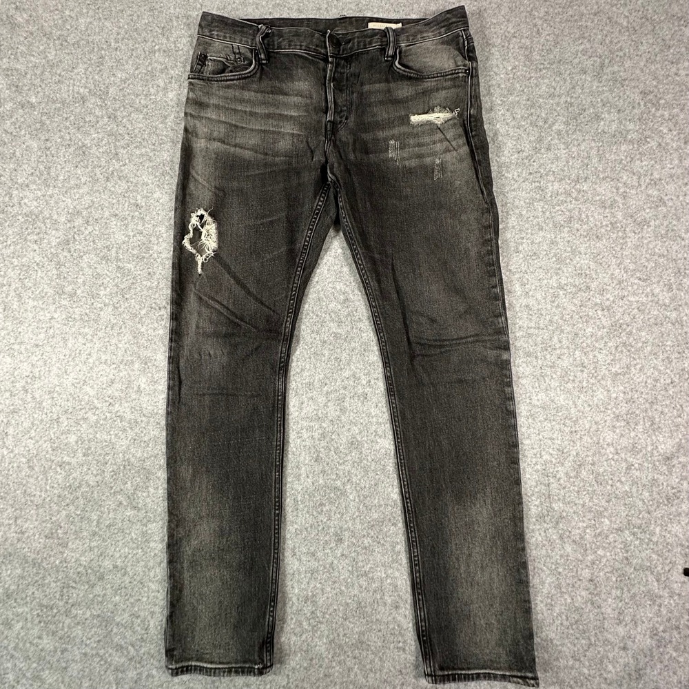 AllSaints Rex Slim Jeans Mens 33 Gray Distressed Denim Black Button